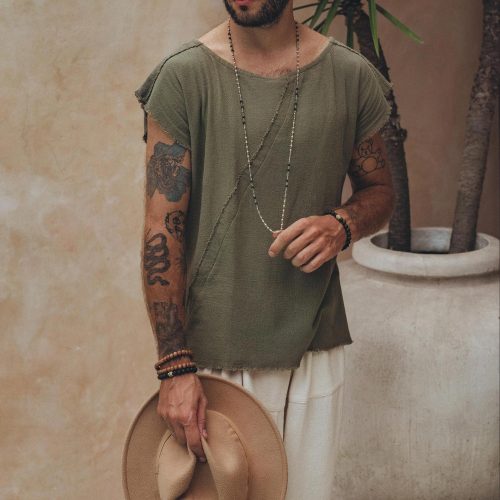 Sage Green Handmade Shirt Boho Tribal Wide Neck